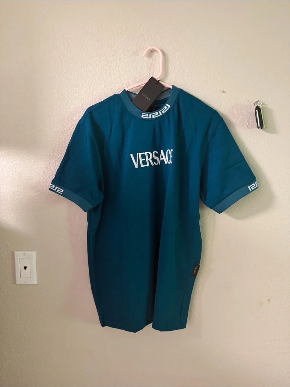 Versace Teal Greek Key Trim Short-Sleeve Logo Tee